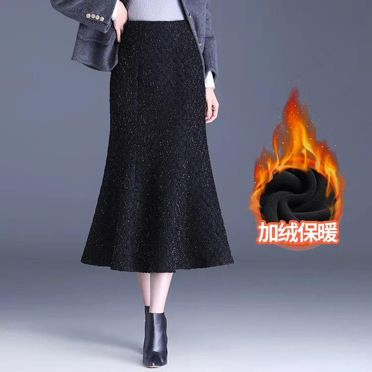 气质加绒小香风鱼尾裙秋冬季显瘦包臀半身裙时尚保暖加厚黑色裙子