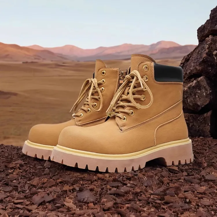 痞帅马丁靴男厚底增高大黄靴男高帮英伦风侧拉链户外登山工装靴子