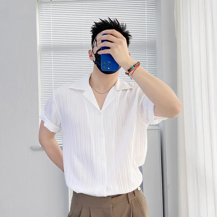 高级感雅痞半袖衬衫男士夏季痞帅宽松纯色打底薄款短袖t衬衣潮流