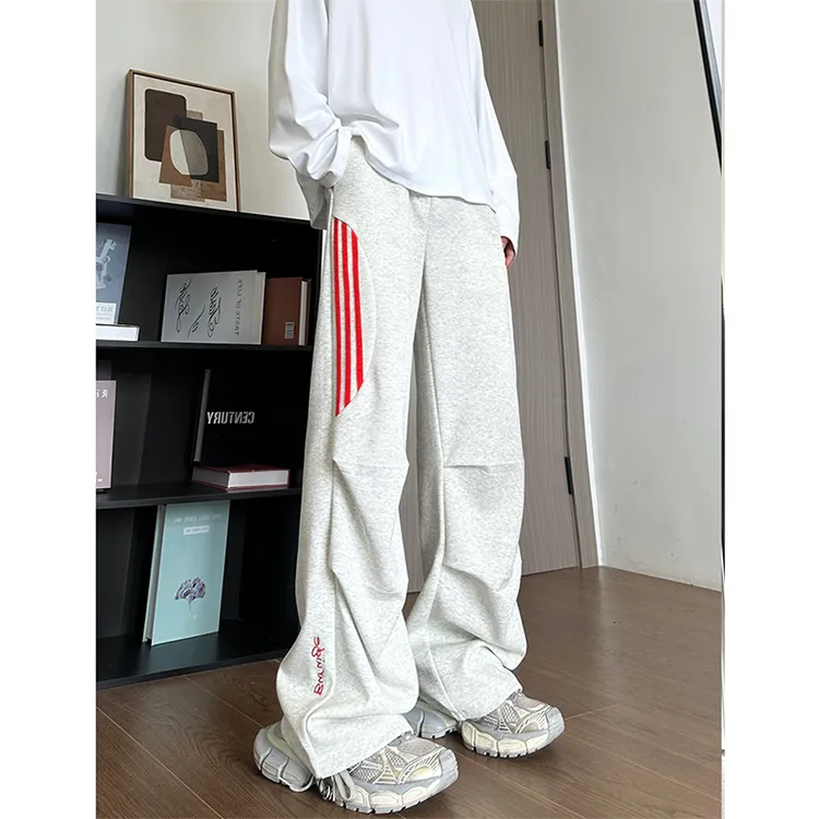 美式白花灰阔腿卫裤男士夏季高街休闲长裤条纹春秋款直筒运动裤子