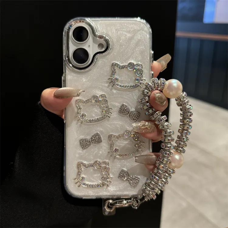 ins闪钻KT猫适用苹果16Promax手机壳15Pro可爱13软14手提链12女款