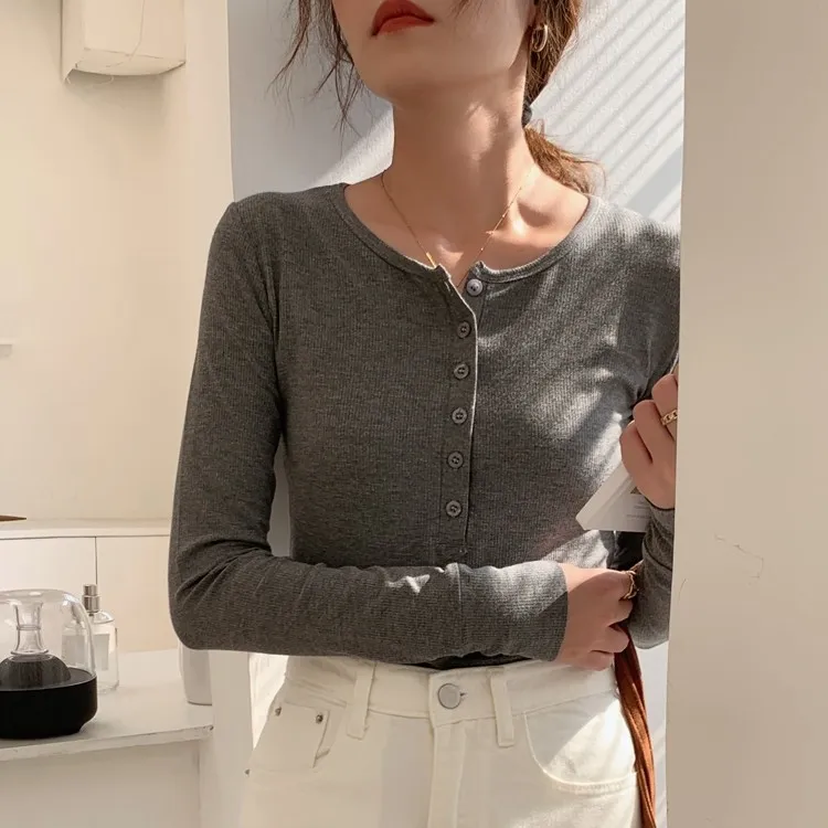 2025春秋冬韩版打底衫半开领叠穿上衣螺纹纯色长袖t恤女修身小衫