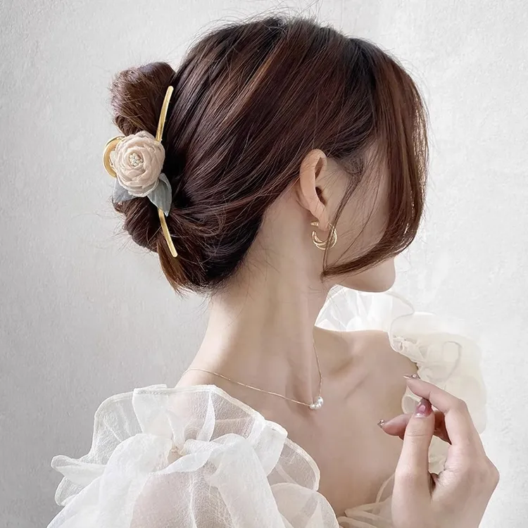 双11山茶花抓夹网纱ins花朵发夹女后脑勺优雅气质金属发卡鲨鱼夹