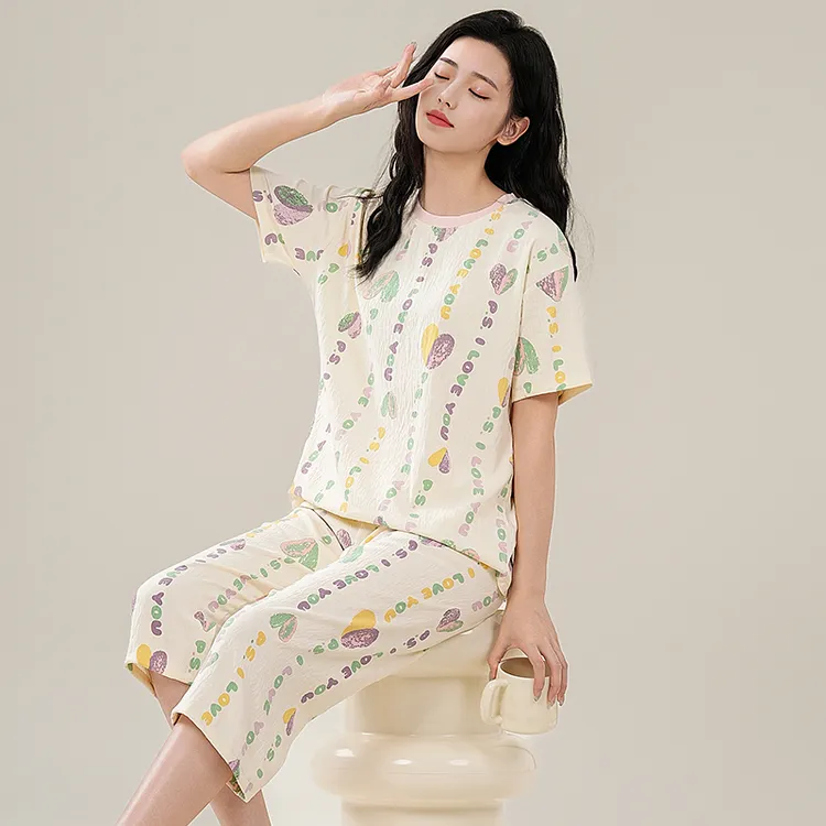 新款夏季短袖七分裤女款睡衣套装+短袖睡裙休闲家居服可外穿