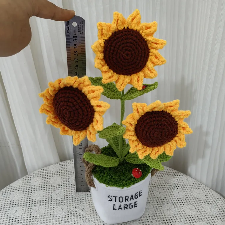 成品毛线向日葵盆栽室内客厅永生花假花毛线花纯手工钩织摆件