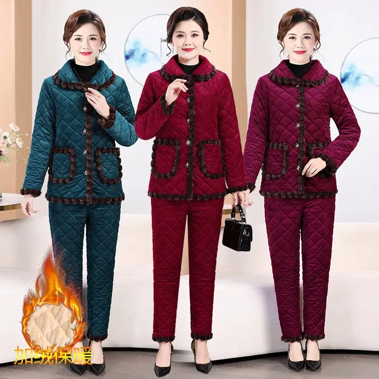 老年人冬季大码妈妈装显瘦宽松长袖加绒加厚网红保暖冬天秋冬棉服
