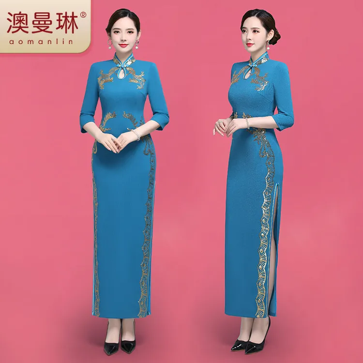 【品味颖儿】春款金丝刺绣修身显瘦免烫优雅走秀旗袍复古中国风旗袍