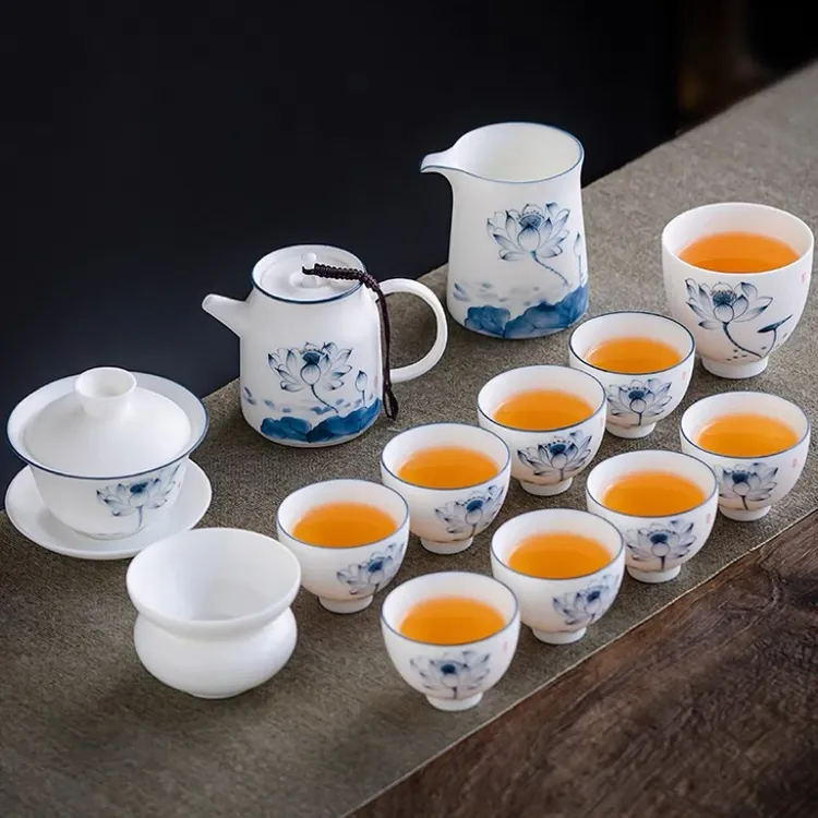 《陌上花开》德化白瓷功夫茶具套装会客高档手绘茶壶盖碗茶杯