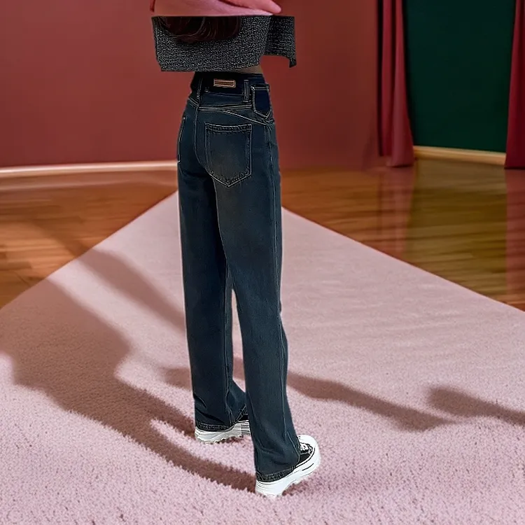 冬季加绒加厚女高腰牛仔裤2024新款水泥灰垂感显瘦版窄直筒阔腿裤