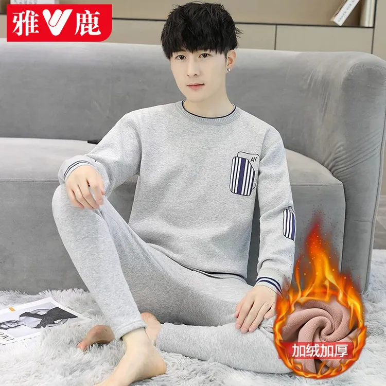 雅鹿防寒加绒加厚保暖内衣男套装青少年纯棉棉线衣线裤秋冬季秋衣