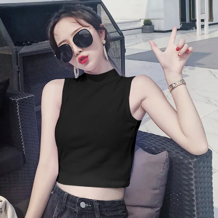 无袖背心打底夏日女外穿砍袖短款露肚脐中领紧身黑色T恤内搭上衣