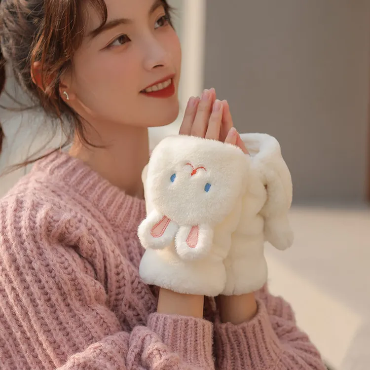 手套女冬天加绒学生可爱韩版防寒卡通加厚写字半指骑行保暖棉冬季