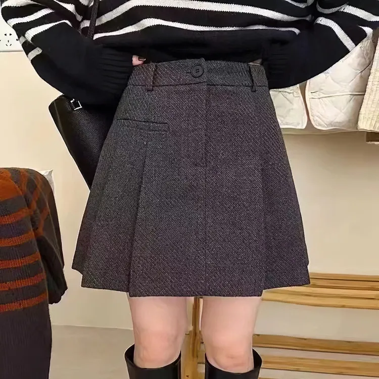 加厚灰色毛呢百褶裙女秋冬半身裙大码高腰百搭显瘦A字防走光短裙