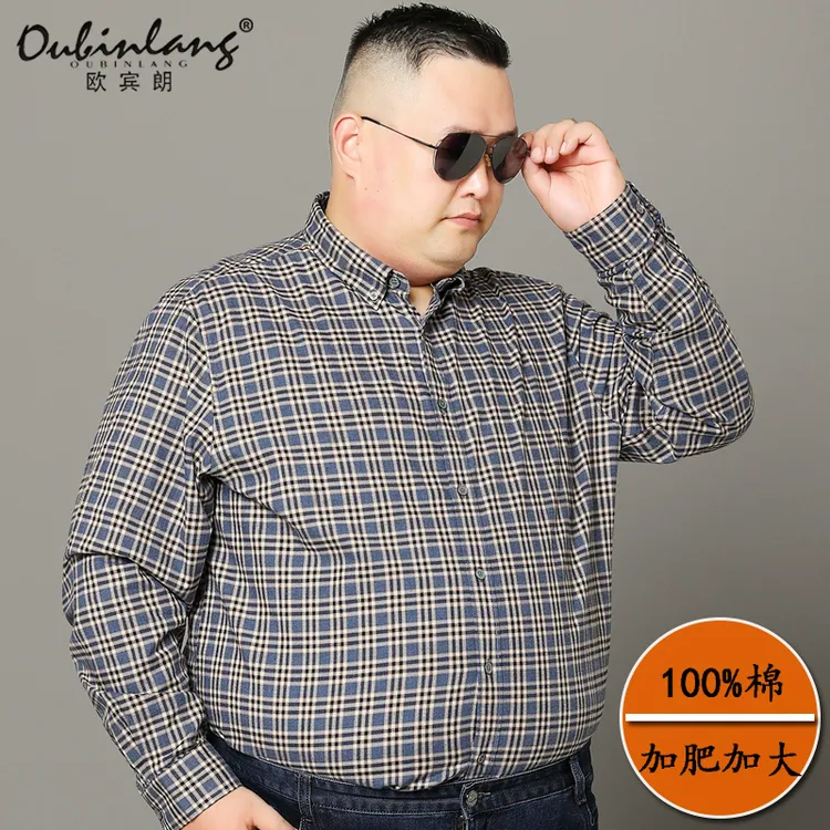 格子衬衫秋冬款磨毛男士加大加肥100%棉肥佬胖爸爸装尖领扣领衬衣
