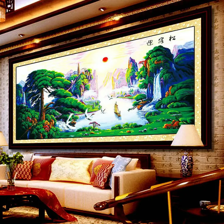 精准印布迎客松仙鹤版十字绣松树仙鹤版财运风景客厅