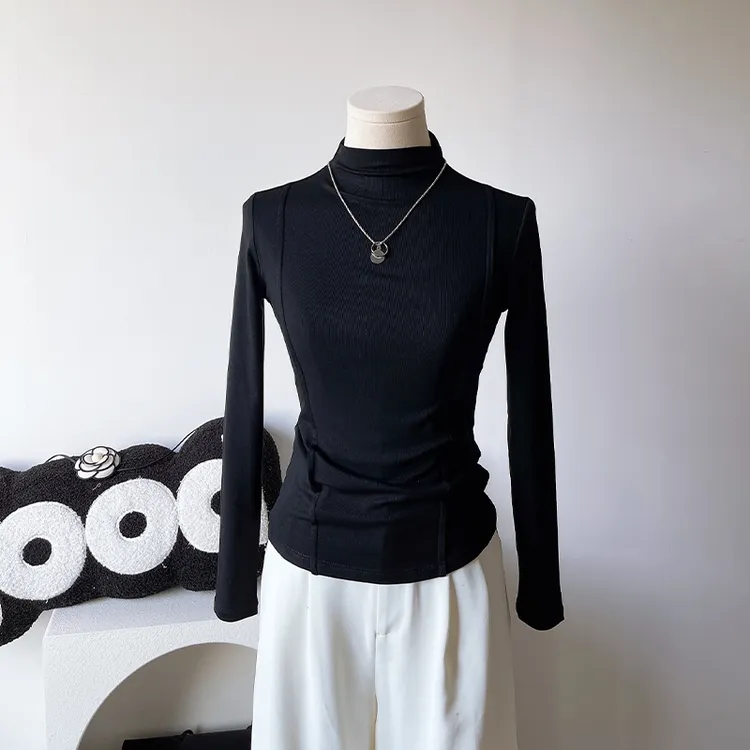 2025年早春款打底衫女黑色鱼骨线长袖百搭慵懒风舒适个性T恤上衣