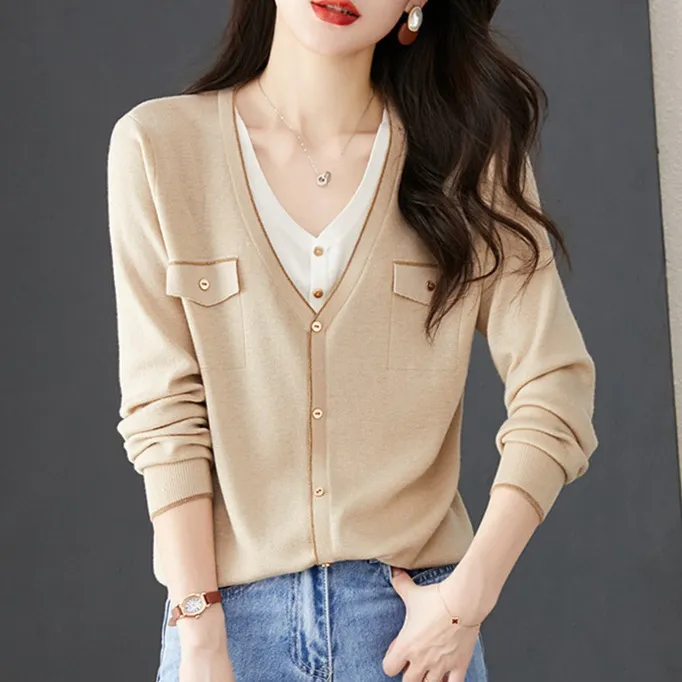 针织衫女2024早秋新款长袖假两件V领毛衣宽松显瘦小香风洋气上衣