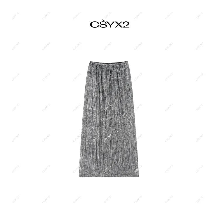  CsyX2-2025S/S早秋新款艺术感压褶金丝弹力高腰半身裙DK059