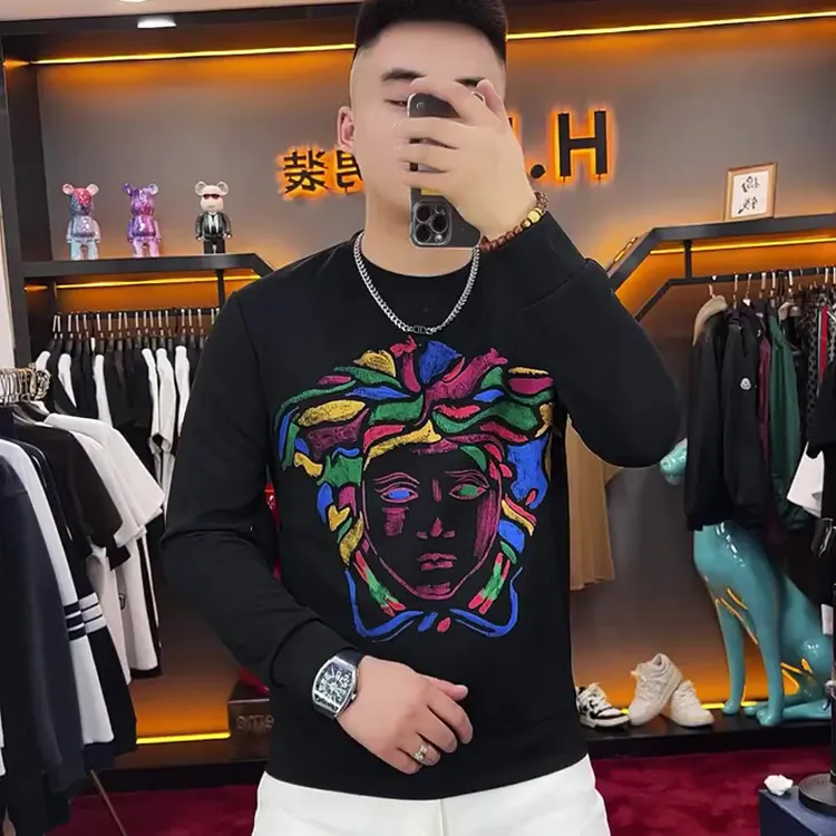 欧洲站高端时尚设计感彩印修身卫衣男秋冬新款圆领长袖加绒上衣潮