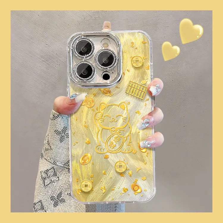 金箔招财猫适用苹果17华为vivo/oppo小米iPhone16精孔羽纱手机壳