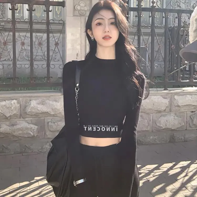  黑色半高领打底衫女2024春秋显瘦高腰内搭长袖小个子上衣短款潮 