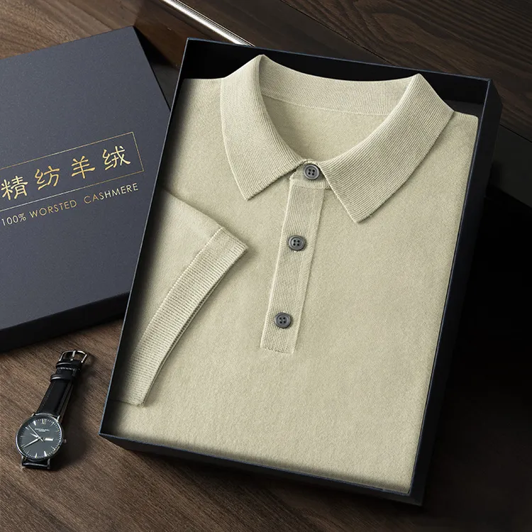 春夏新款男士精纺纯山羊绒POLO领针织羊绒衫半袖商务打底纯色薄款