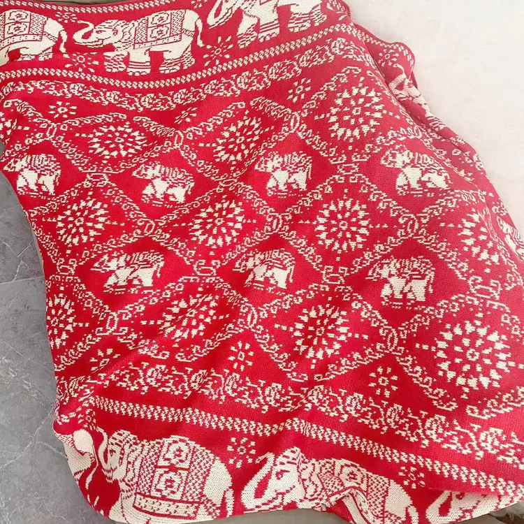 泰式吉象红白系加厚绒球流苏针织沙发毯休闲毛毯民宿装饰毯空调毯