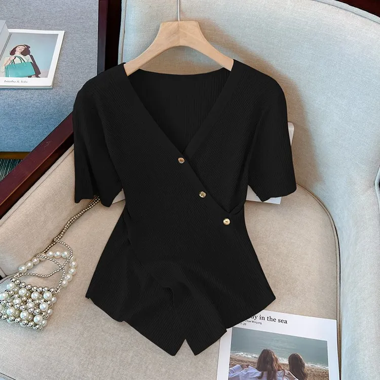 大码微胖妹妹时尚百搭气质短袖T恤女夏季新款遮肉显瘦设计感上衣