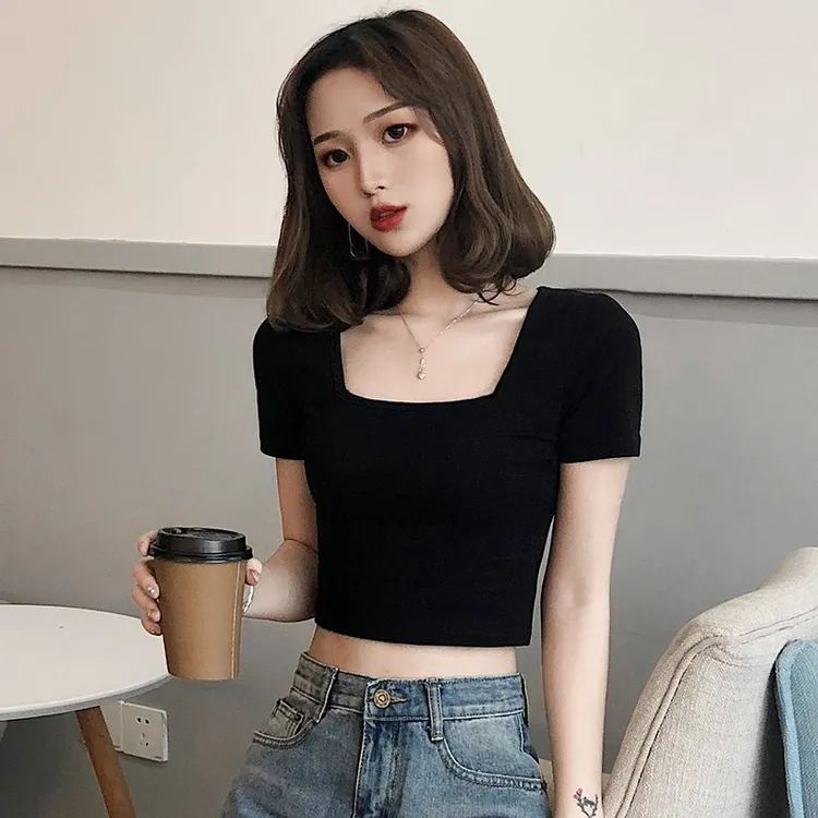 黑色短袖t恤女2023夏季方领紧身短款高腰小众露脐别致上衣修身T恤