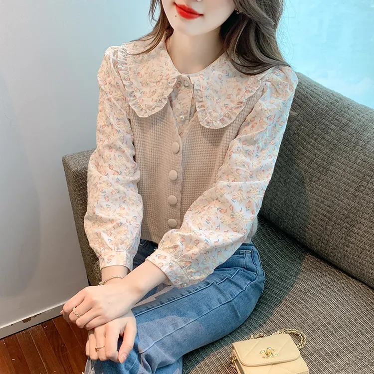2025秋季新款甜美娃娃领碎花衬衫长袖女小香风外穿针织马甲两件套