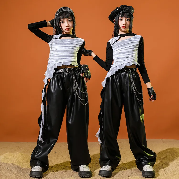 女童爵士舞服装女团辣妹时髦露脐上衣皮裤舞台走秀服现代舞演出服