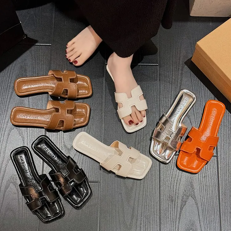 拖鞋女夏季外穿时尚2025新款外出平底方头百搭休闲度假网红仙女风