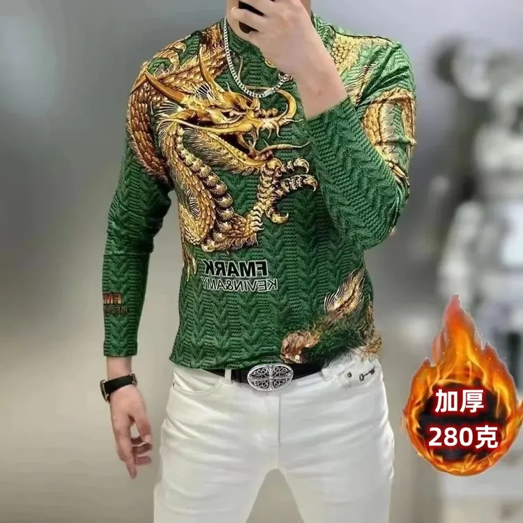 秋冬款新款高端男士t恤长袖时尚潮流休闲百搭帅气轻奢霸气过肩龙