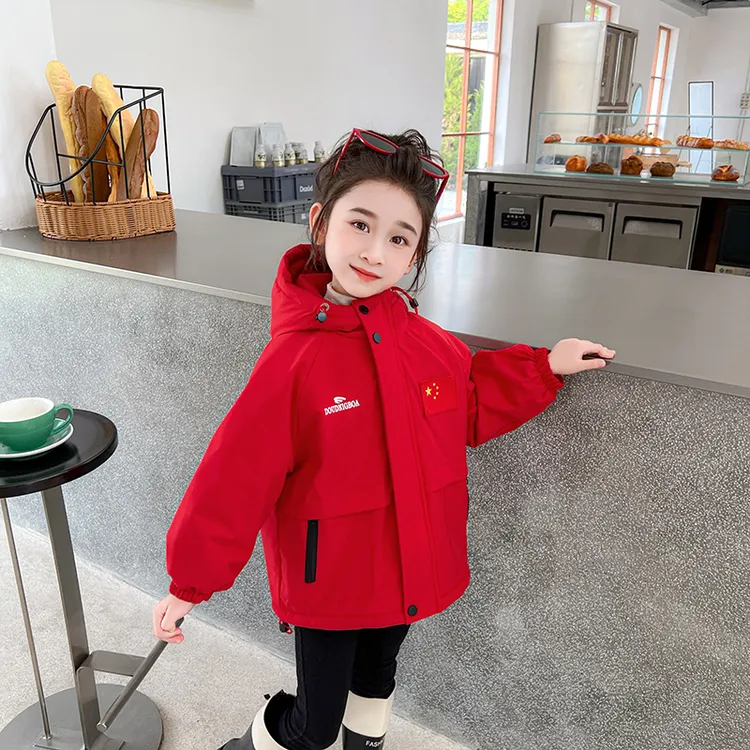 女童连帽冲锋衣秋冬外套洋气中小童加绒加厚三合一儿童新款派克服