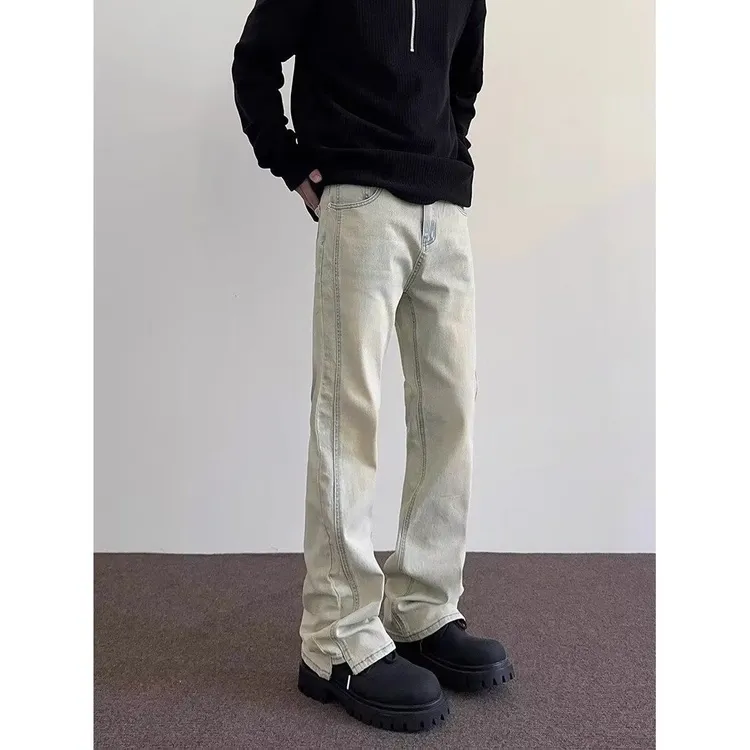 2024黄泥染牛仔裤男士秋季水洗做旧美式复古潮牌高街微喇裤子