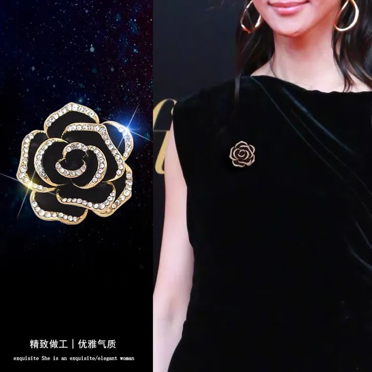 锌合金胸针 经典小香赫本风黑色山茶花百搭胸针精致高级感胸花012