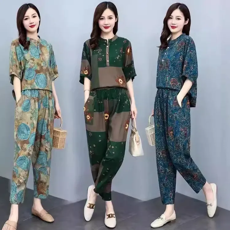 中年妈妈夏装新款时尚洋气减龄套装女短袖上衣两件