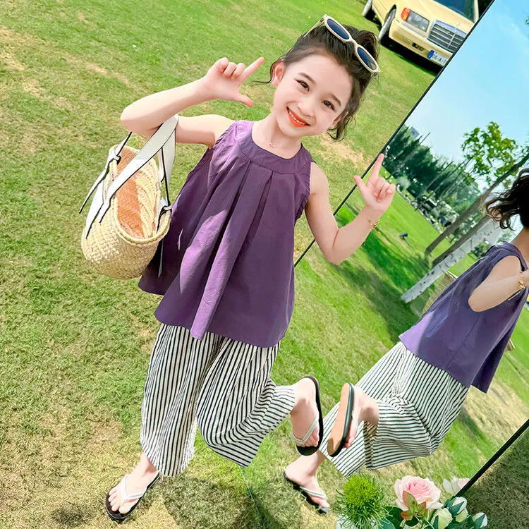 女童夏季新款套装女孩韩系无袖百搭休闲条纹阔腿裤薄款网红两件套