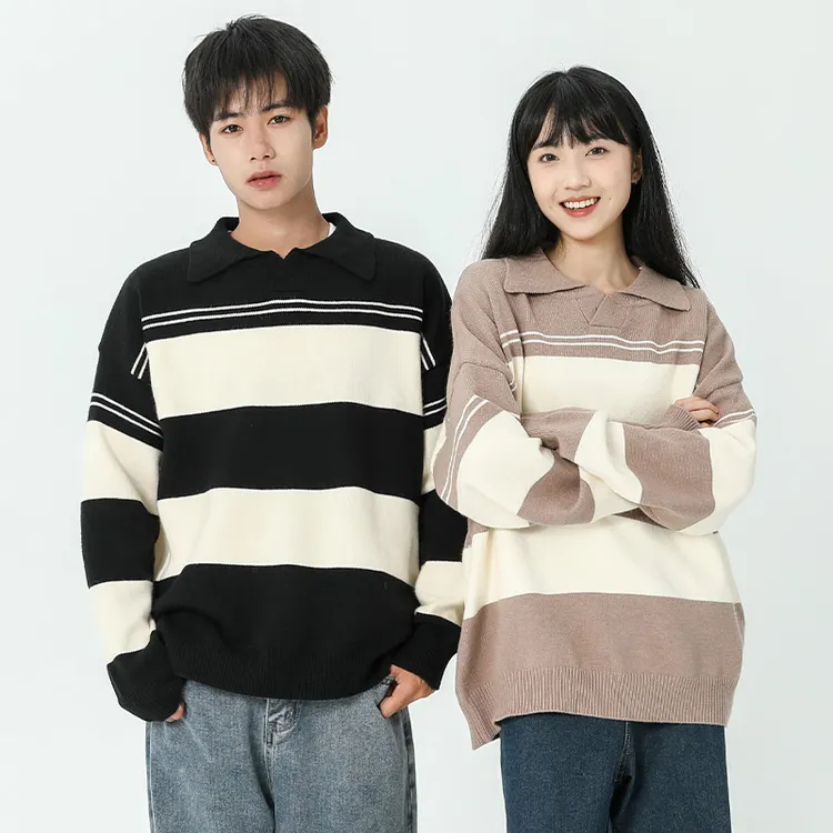 条纹拼接毛衣男女秋季潮流韩版宽松复古情侣长袖polo领潮牌落肩袖