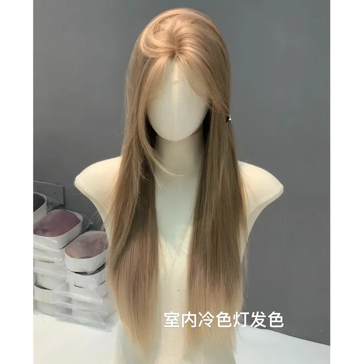 一字蕾丝榛果米灰色高冷随性网感长直发全头套假发女随性