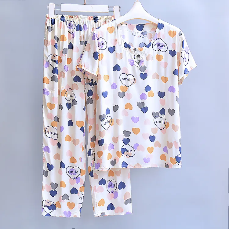 棉绸睡衣女士夏季薄款短袖七分裤人造棉宽松家居服外穿绵绸套装