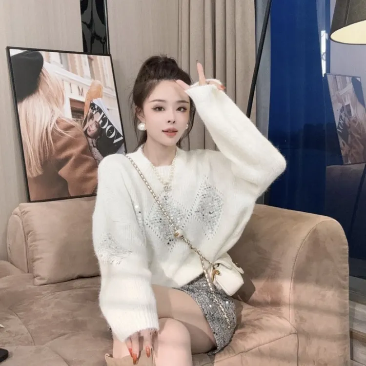 晓溪服饰重工亮片宽松百搭毛衣新款慵懒风大版型套头针织衫2722