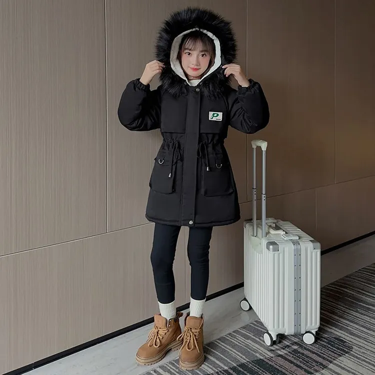 女童外套新款中大童加绒加厚派克服儿童中长款冬季连帽童装棉服