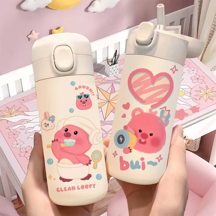 loopy海狸保温杯吸管式水杯可爱卡通露比学生大容量便携不锈钢杯