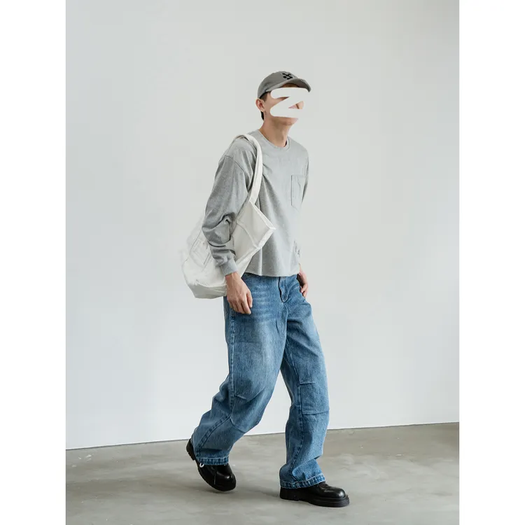 WECHILL土耳其产高盎司散边腰条抽绳式炒洗蓝牛仔降落伞裤宽松