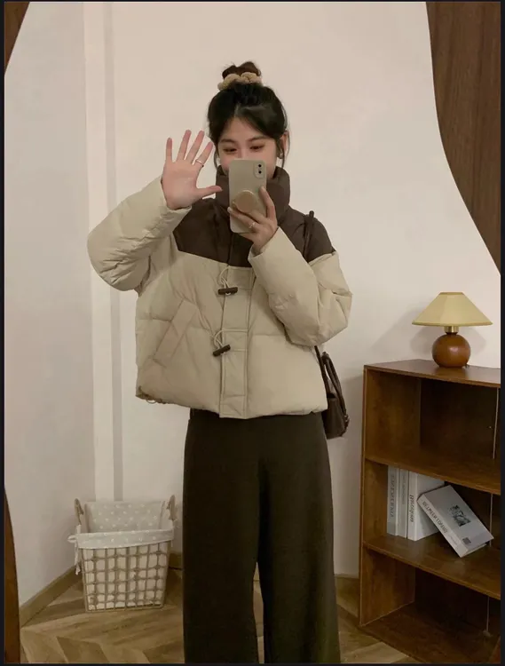 2025冬季新款韩系牛角扣拼色简约大气时尚加厚保暖百搭棉服外套女