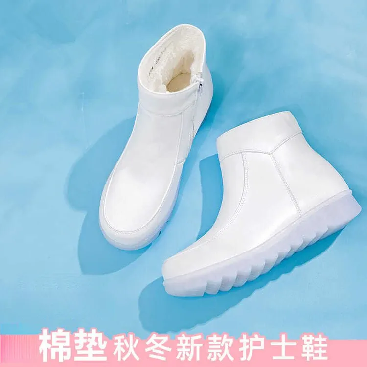 2025白色护士鞋女冬季新款鞋平底加绒防滑软底坡跟保暖冬天雪地靴