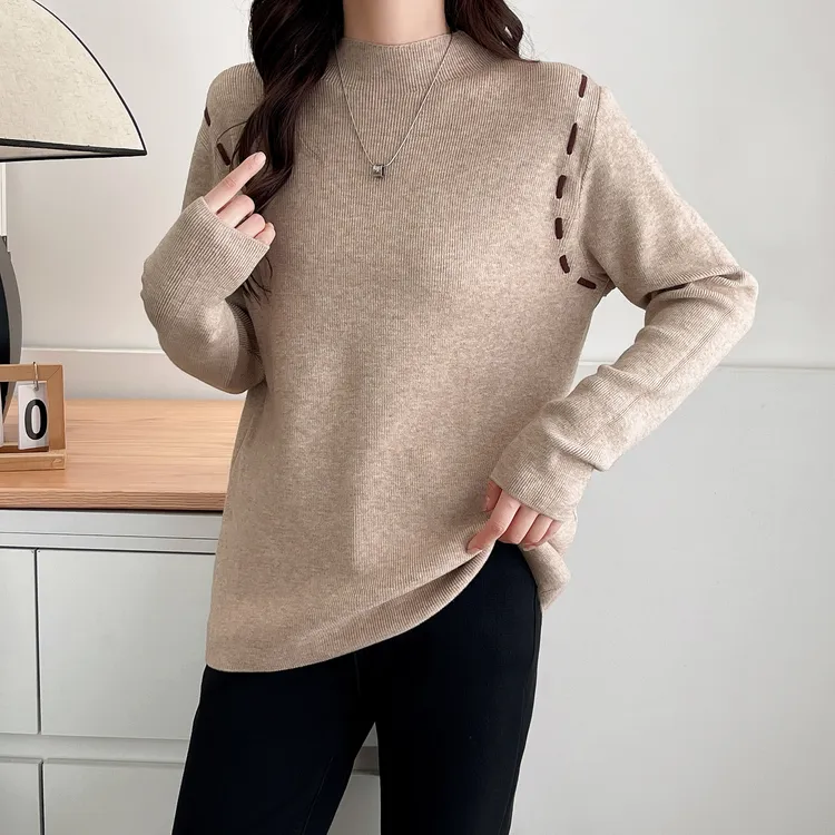简约百搭半高领宽松遮肚子显瘦微胖mm大码女装针织衫打底衫上衣