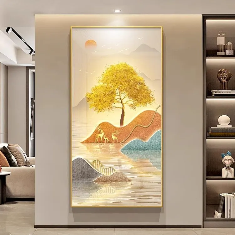 轻奢玄关装饰画山水画寓意好入户门壁画走廊过道发财树挂画客厅画