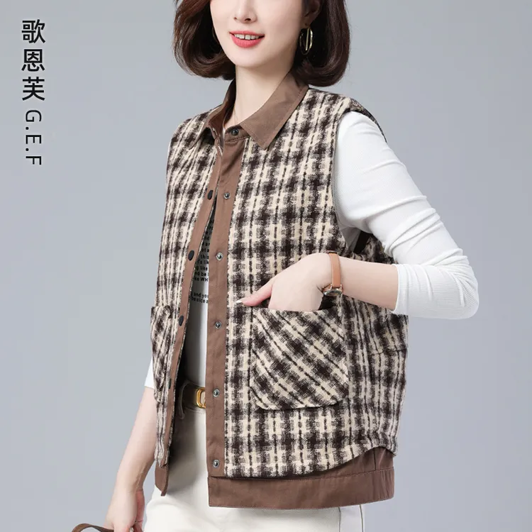 小香风马甲女春秋短款2025新款休闲时尚洋气中年妈妈格子背心马夹